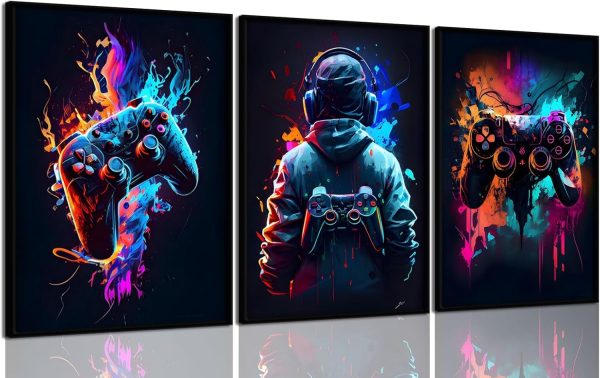 Set of 3 Cool Gaming Wall Art Retro Sticky Phototiles for Home Decor