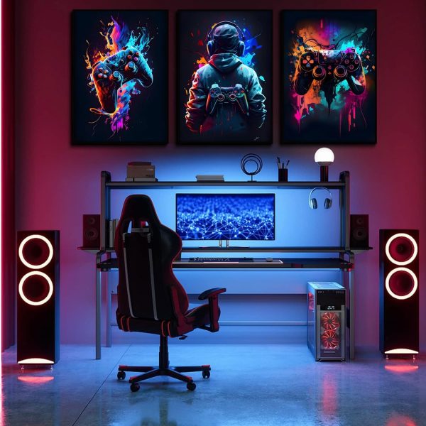 Set of 3 Cool Gaming Wall Art Retro Sticky Phototiles for Home Decor