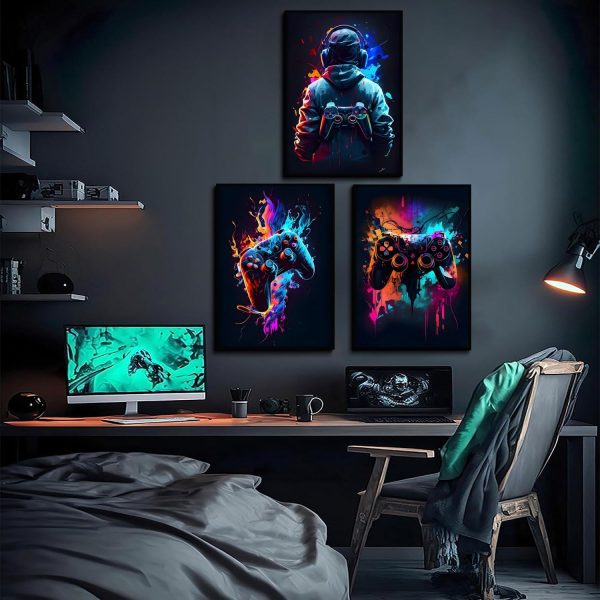 Set of 3 Cool Gaming Wall Art Retro Sticky Phototiles for Home Decor