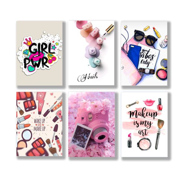Set of 6 Make Up Themed Girls Room Wall Art Wooden Sticky Phototile Frames