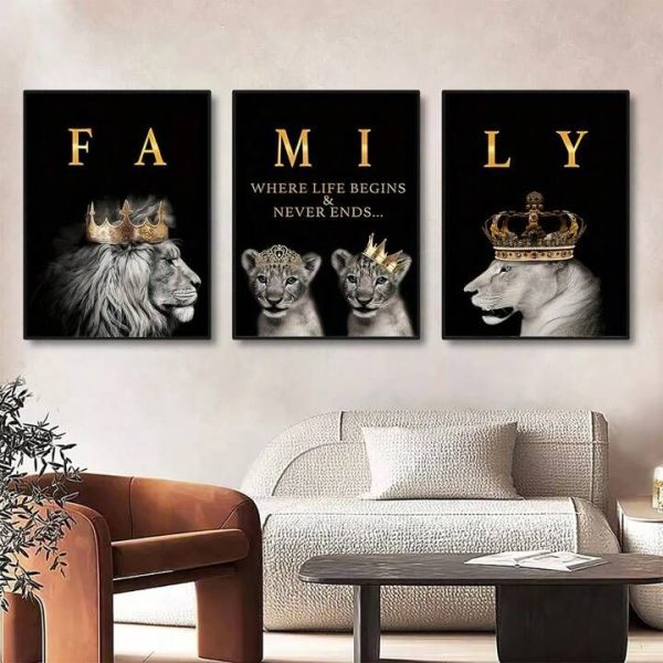 Premium Metallic - Set of 3 Lion Family Wall Art