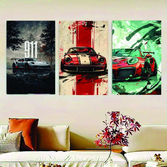 Set Of 3 Luxary Cars Wall Art Photo Canvas Wooden Tile Frame
