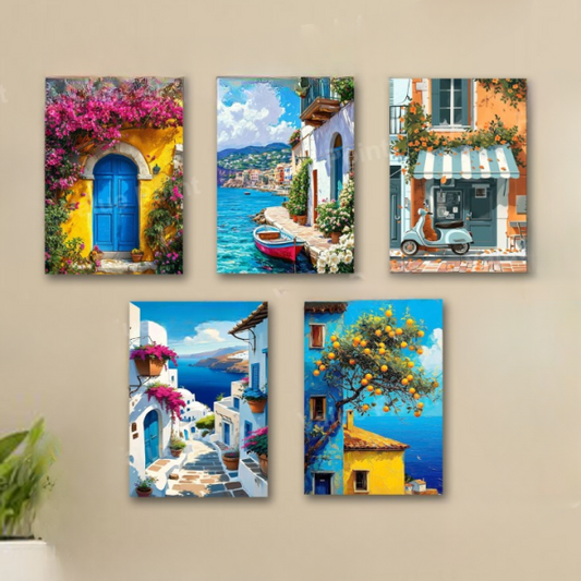 Set of five colorful wall art prints depicting Mediterranean scenes on a beige wall.