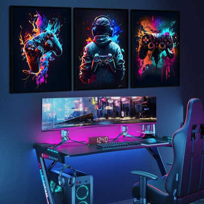 Set of 3 Cool Gaming Wall Art Retro Sticky Phototiles for Home Decor