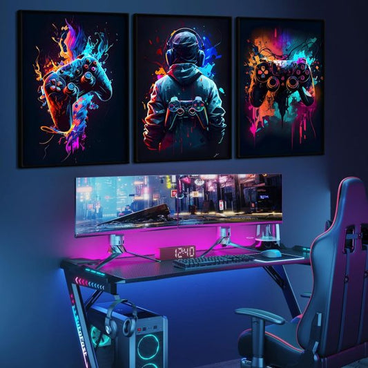 Set of 3 Cool Gaming Wall Art Retro Sticky Phototiles for Home Decor