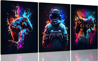 Set of 3 Cool Gaming Wall Art Retro Sticky Phototiles for Home Decor