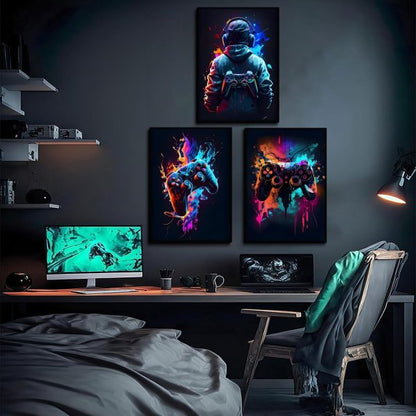 Set of 3 Cool Gaming Wall Art Retro Sticky Phototiles for Home Decor