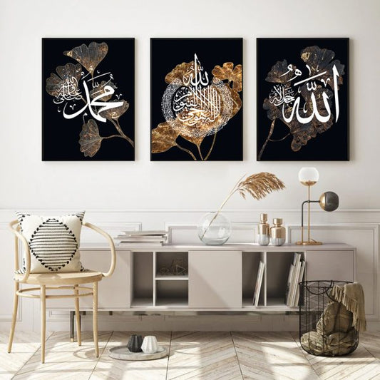 Set of 3 Black Gold Leaf Islamic Wall Art - Perfect Home Decor