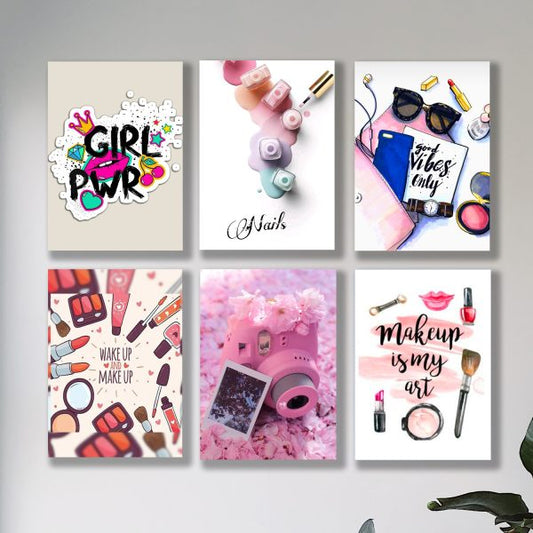 Set of 6 Make Up Themed Girls Room Wall Art Wooden Sticky Phototile Frames